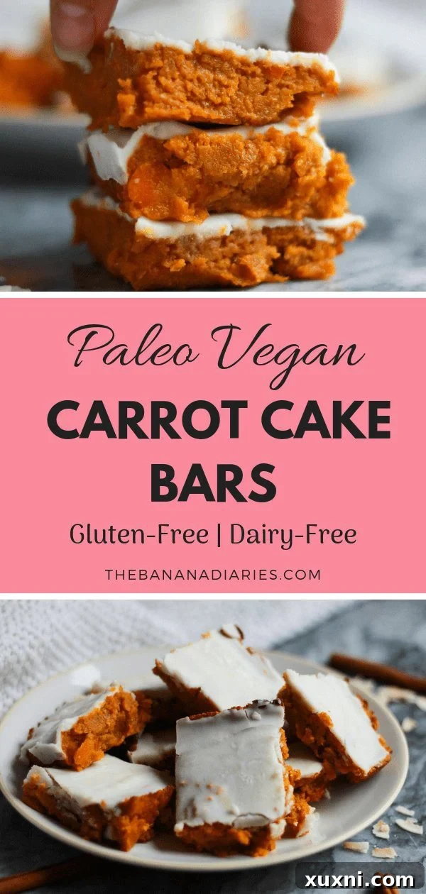 Vegan Carrot Cake Bars | These vegan carrot cake bars packed with spice and sweetness! They're completely paleo, gluten free, and made with natural sweetener for a decadent spring dessert! | #thebananadiaries #carrotcake #easterdessert #springdessert #vegan #glutenfree #dairyfree