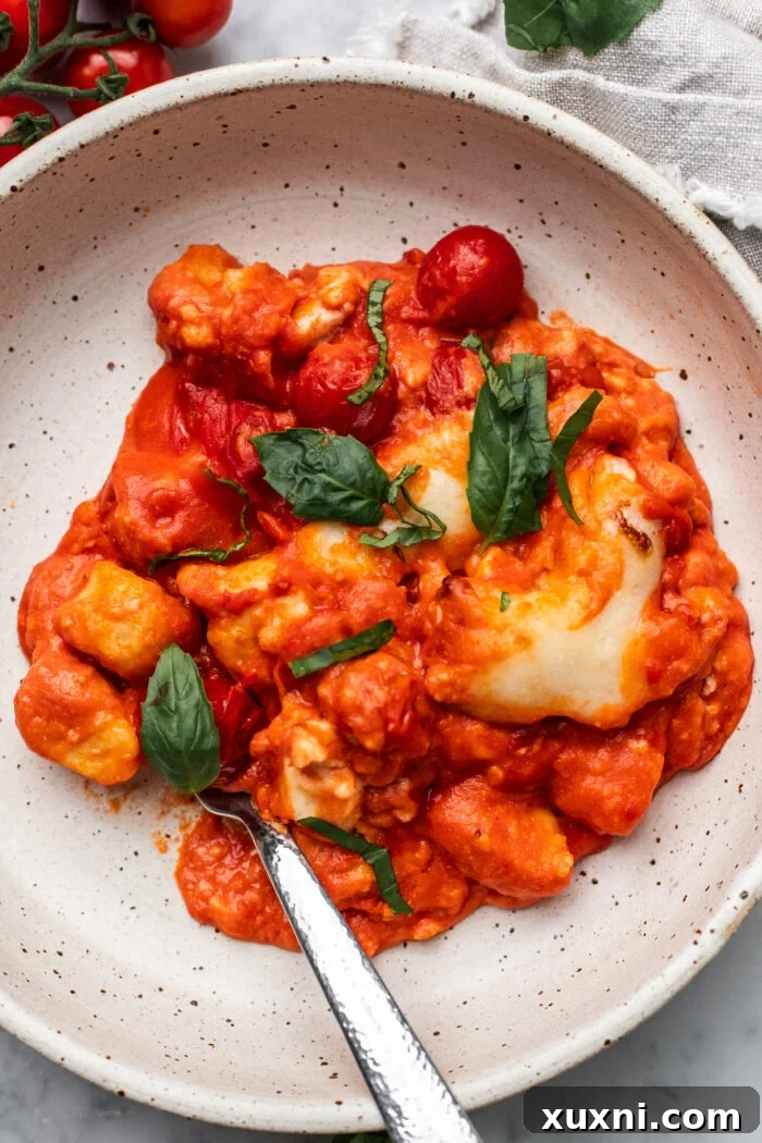 A close-up shot of a plate of Gnocchi alla Sorrentina, showing the individual gnocchi, sauce, and melted vegan mozzarella.