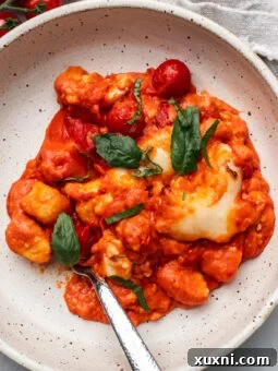 A close-up shot of a plate of Gnocchi alla Sorrentina, showing the individual gnocchi, sauce, and melted vegan mozzarella.