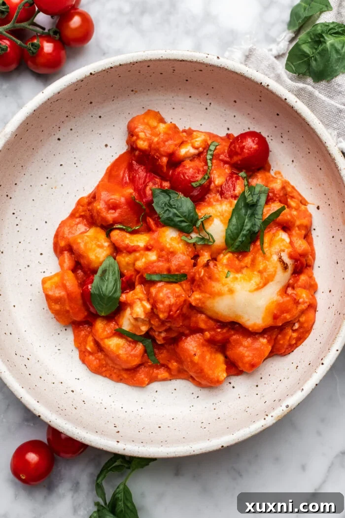 A generous plate of dairy-free Gnocchi alla Sorrentina, showing the rich tomato sauce and melted mozzarella.