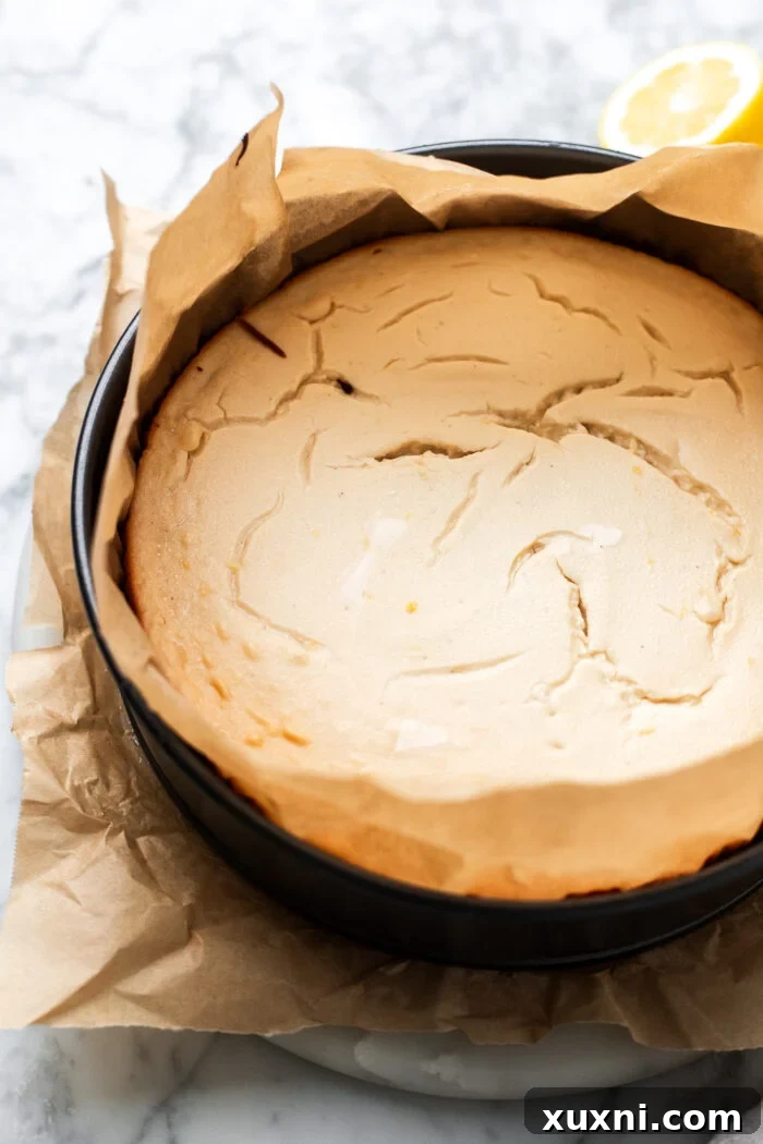 Baked vegan lemon cheesecake, showing a smooth, golden-brown surface.