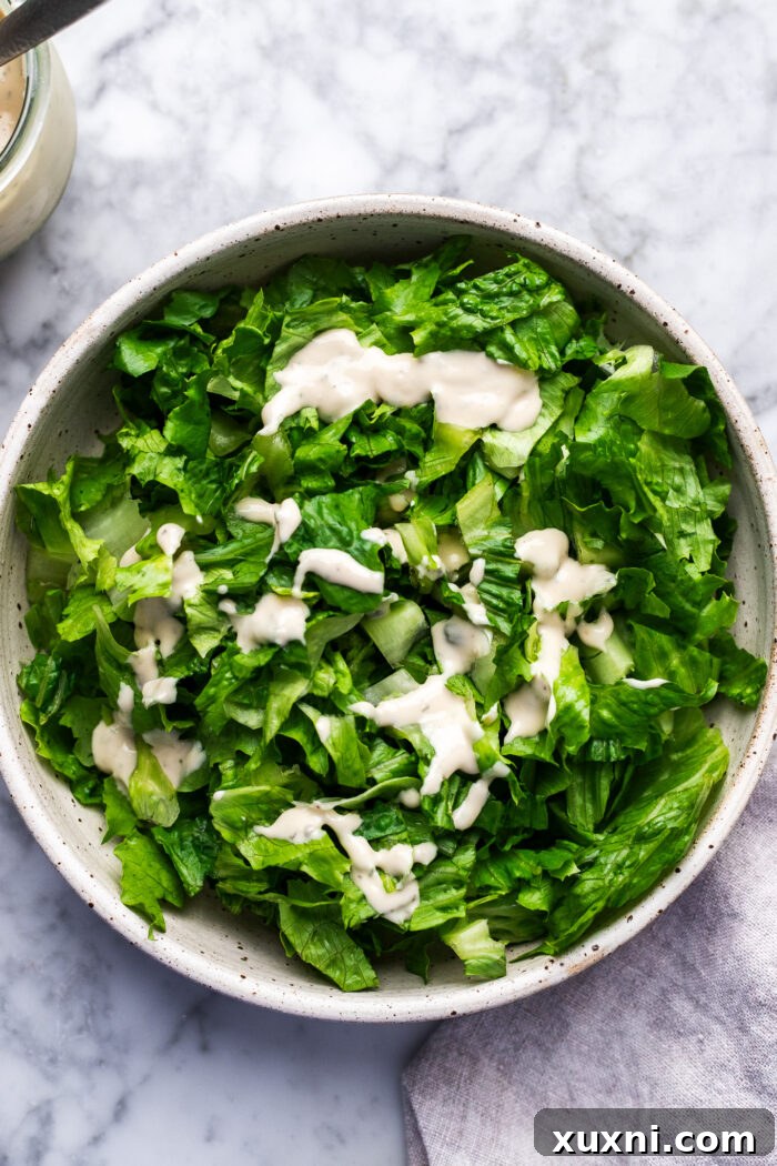 Super Simple Vegan Caesar with Zesty Lemon Tofu 7 A vibrant bowl of Vegan Caesar salad, already dressed and perfectly tossed.