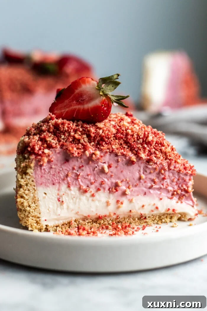 slice of strawberry crunch cheesecake