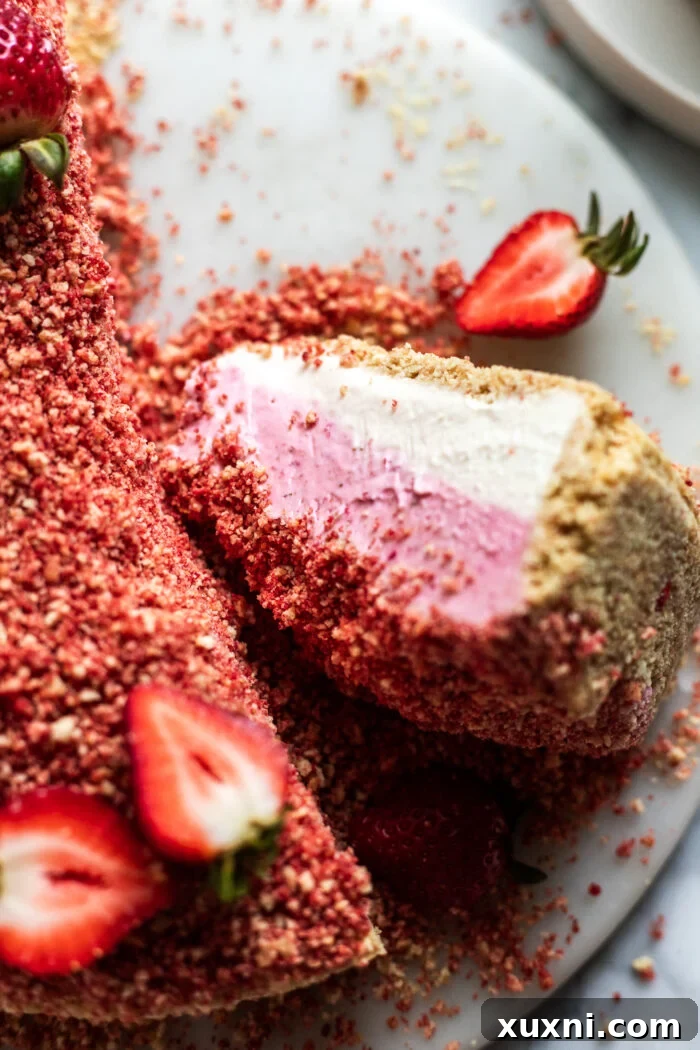 sliced vegan strawberry crunch cheesecake on marble