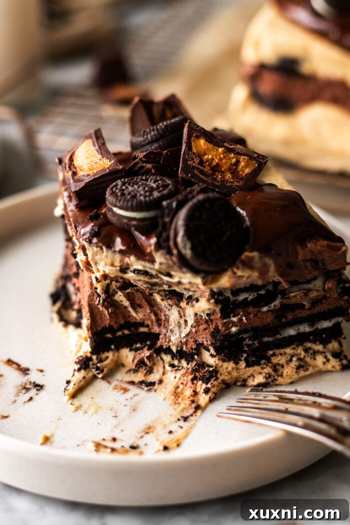 close up of bitten icebox cake