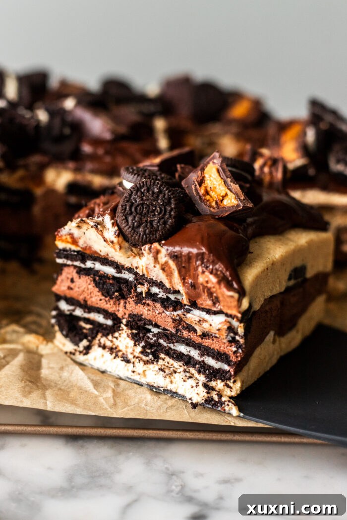 slice of icebox cake on cake plate