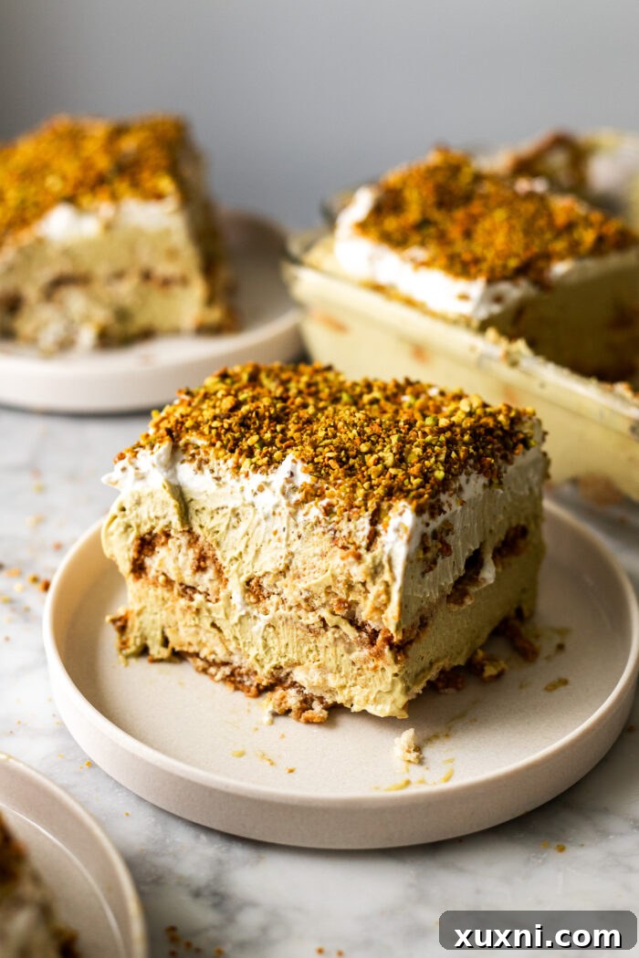 slice of pistachio tiramisu on a plate