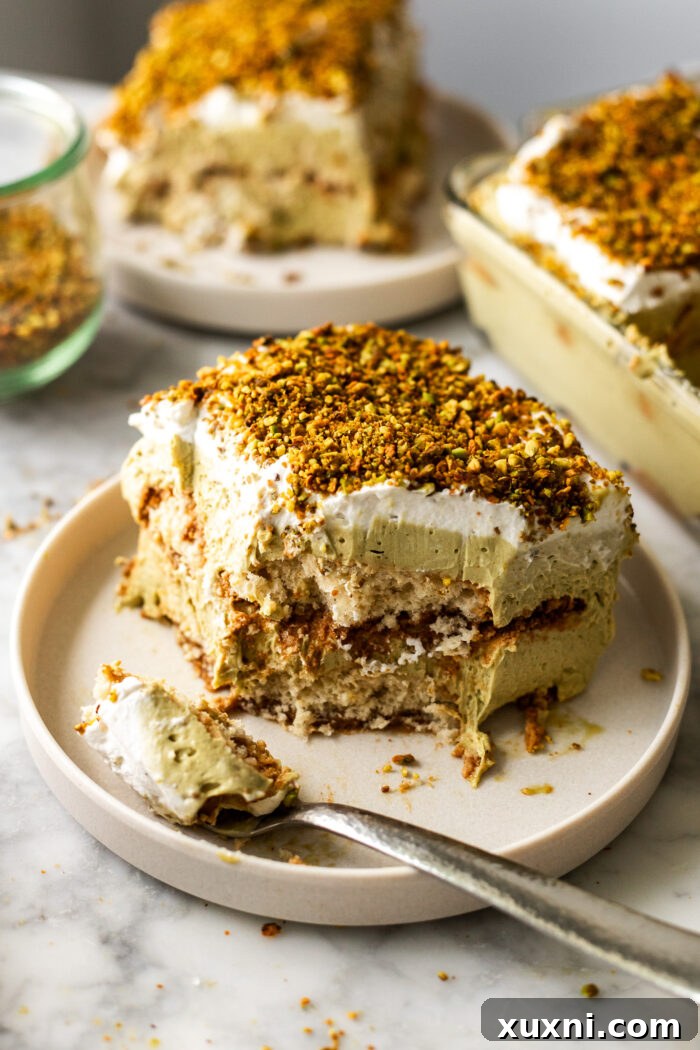 eaten slice of vegan pistachio tiramisu