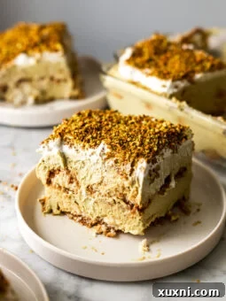 slice of pistachio tiramisu on a plate
