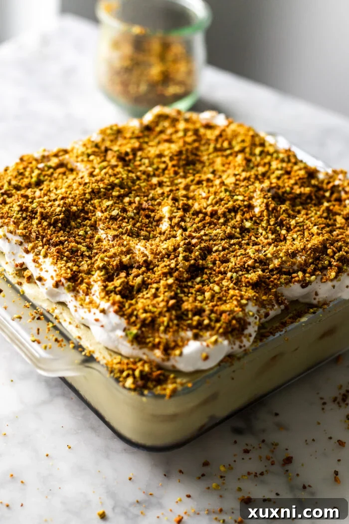 assembled pistachio tiramisu before serving