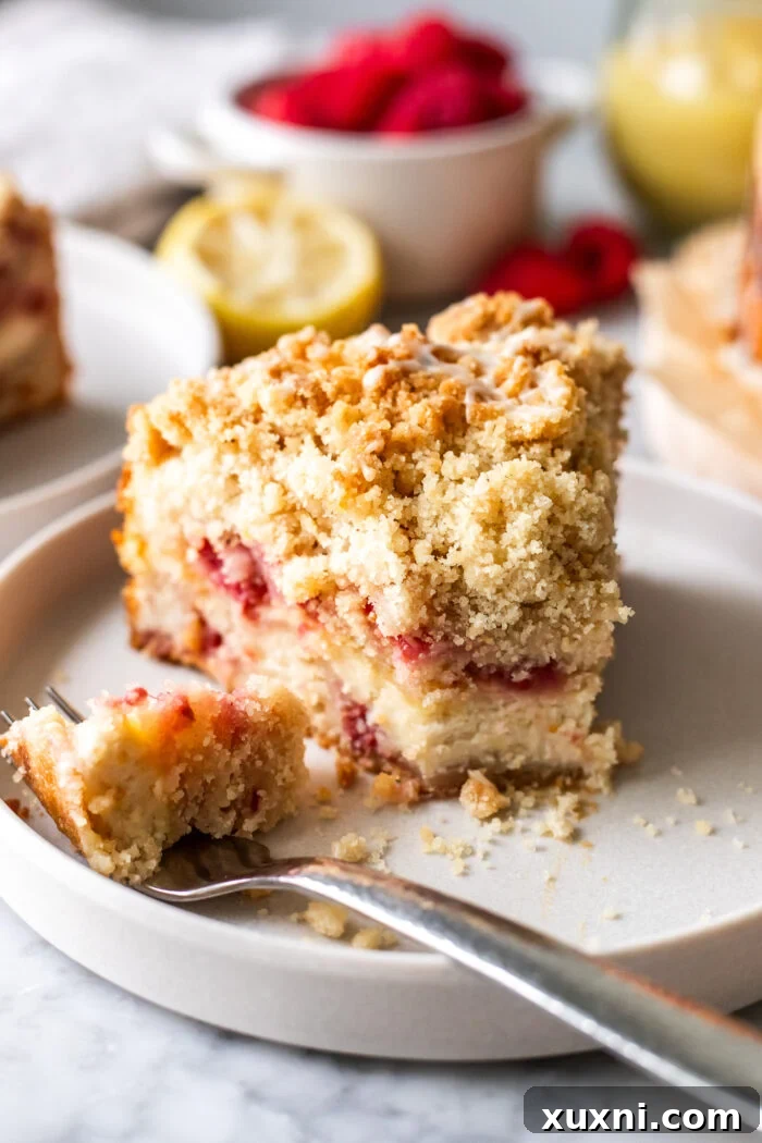 Irresistibly Soft Vegan Lemon Raspberry Coffee Cake with a Zesty Vegan Cream Cheese Swirl 11 A close-up shot of a bitten slice of vegan lemon raspberry coffee cake, highlighting its moist texture, the vivid raspberries, and the creamy filling.