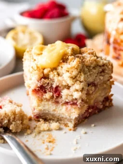 Soft & Tender Vegan Lemon Raspberry Coffee Cake with 'Cream Cheese' Swirl bitten slice on a plate