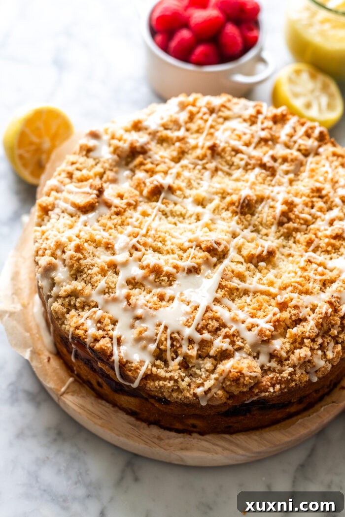 Irresistibly Soft Vegan Lemon Raspberry Coffee Cake with a Zesty Vegan Cream Cheese Swirl 9 The baked vegan lemon raspberry coffee cake, drizzled with a sweet vanilla glaze, looking ready to serve.