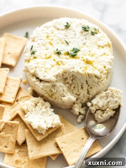Creamy vegan ricotta on a plate with a spoon