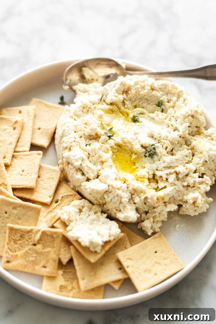 Close-up of mashed vegan ricotta showing its creamy, granular texture.