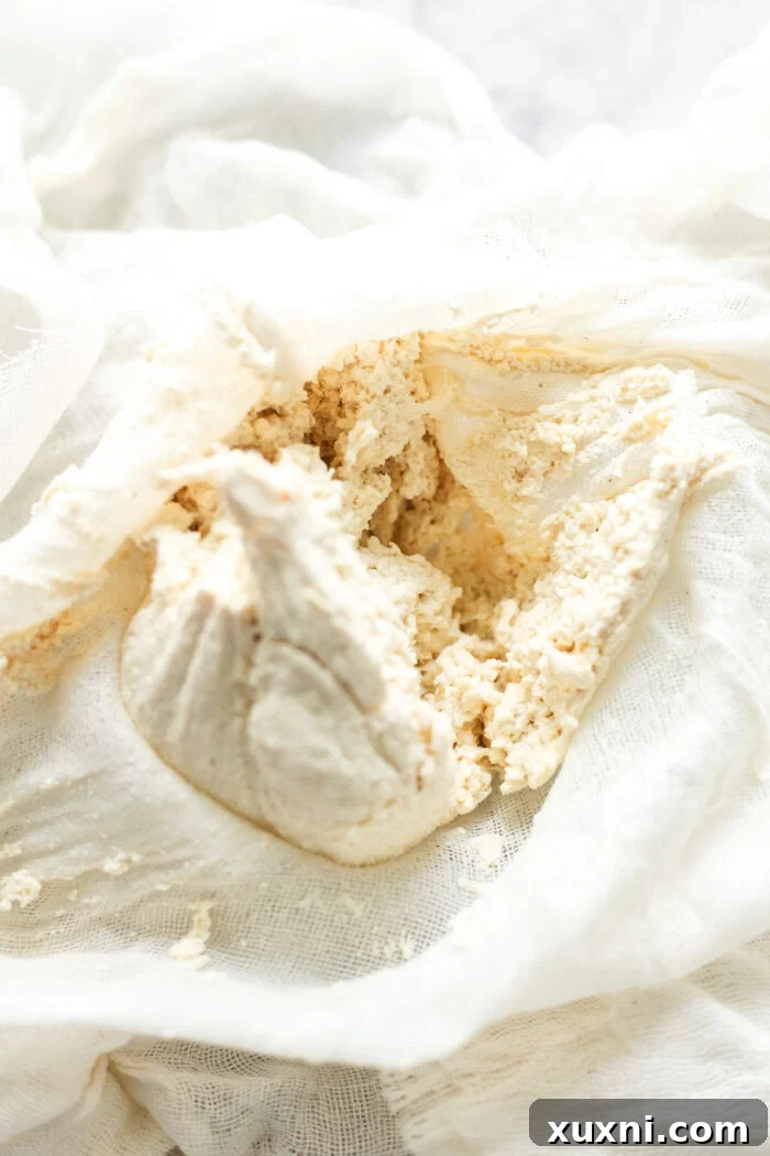 Separated pea milk curds after straining, forming the vegan ricotta.