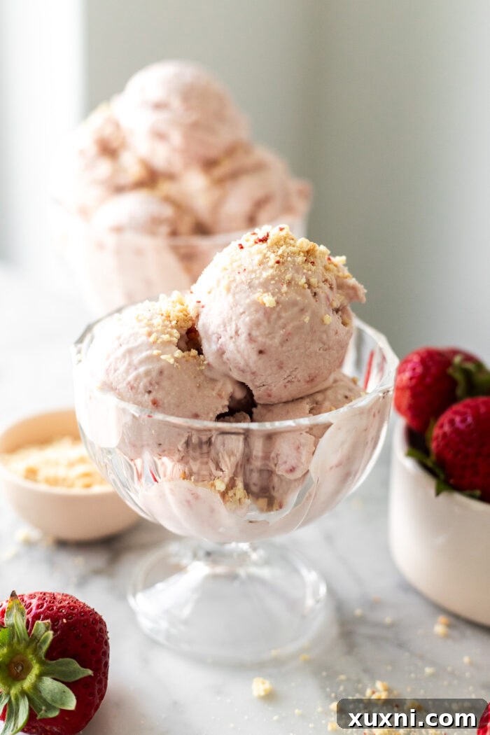 Bowls of creamy vegan strawberry ice cream served, ready to be enjoyed