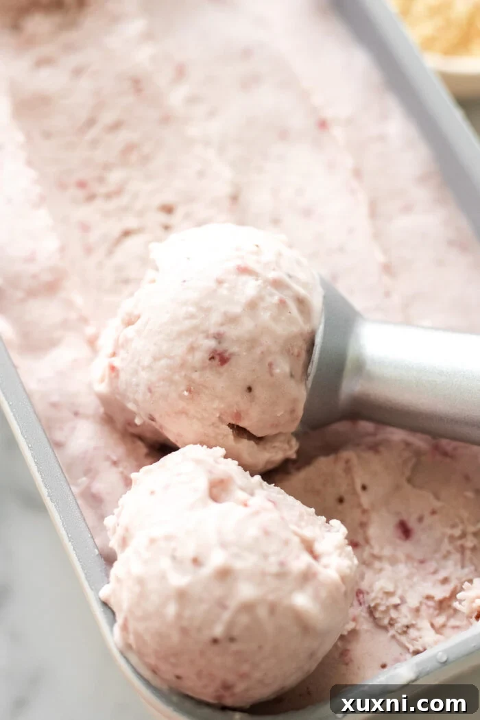 Perfectly scooped vegan strawberry ice cream, ready to be served