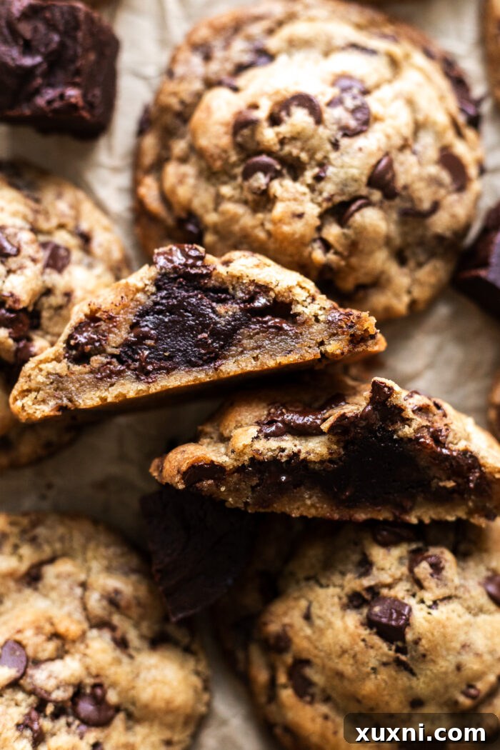 Vegan Brown Butter Brownie Cookie Fusion 7 Two halves of a baked brownie stuffed cookie, showing its chewy texture and brownie core