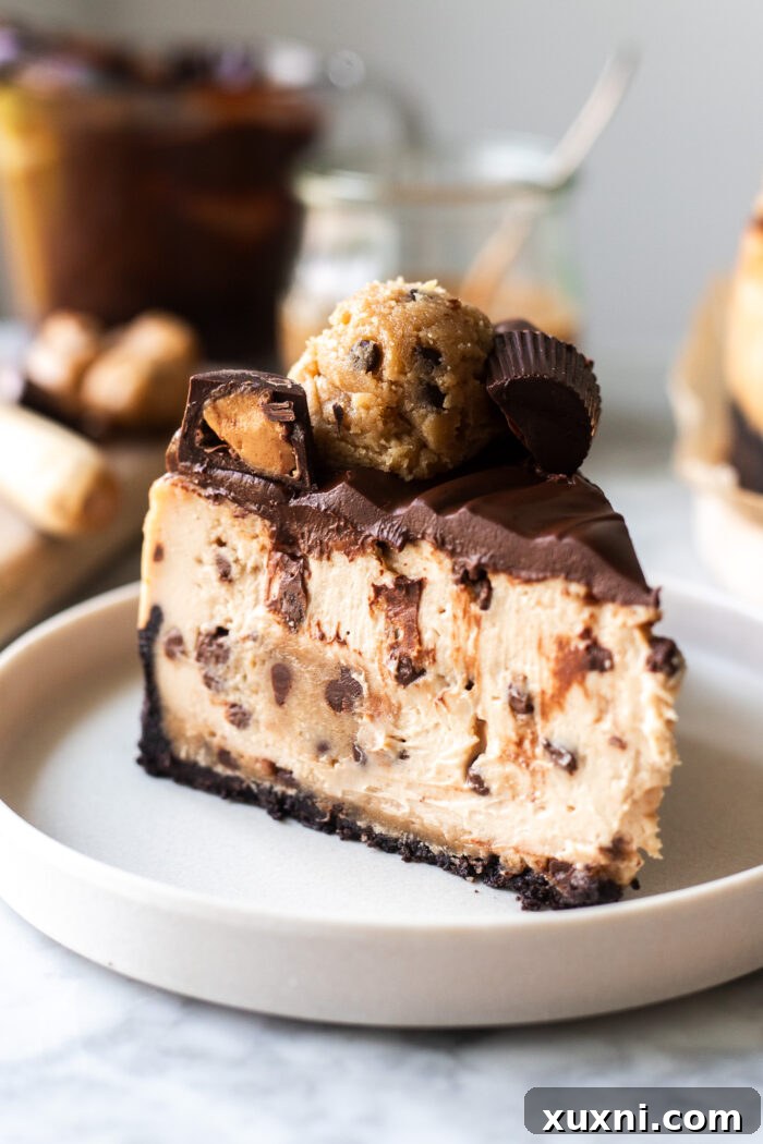 single slice of vegan peanut butter cookie dough cheesecake on a white plate