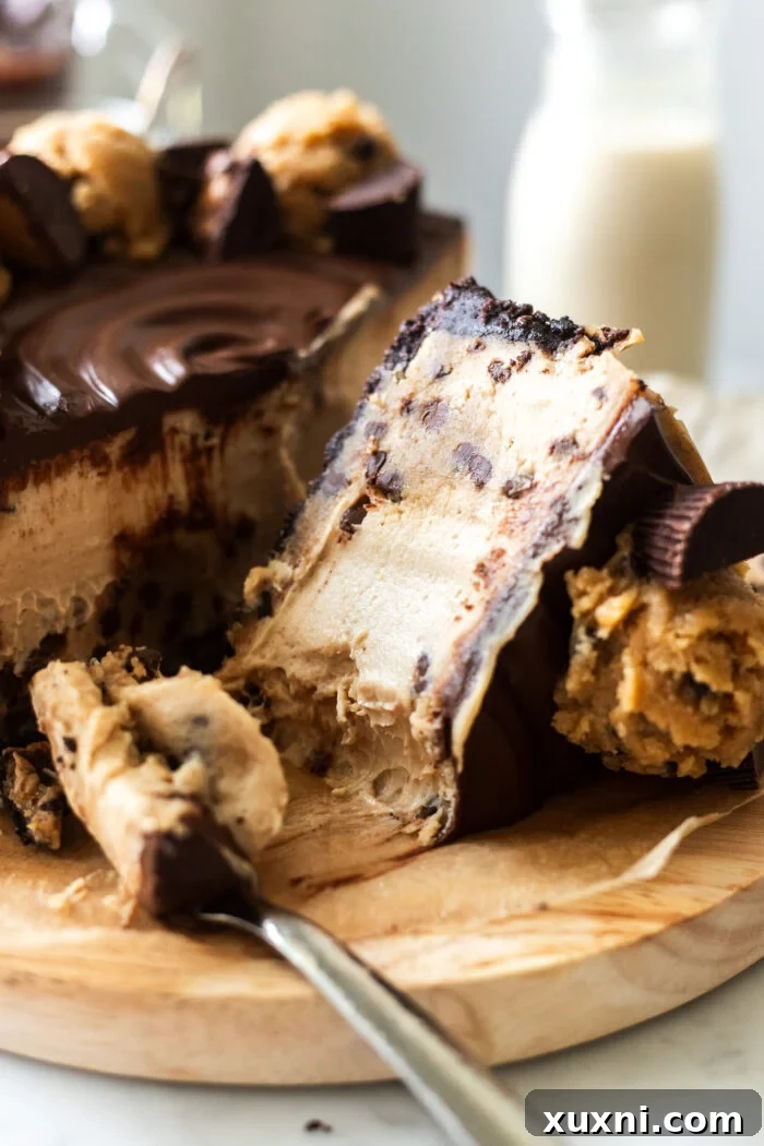 close up slice of vegan peanut butter cookie dough cheesecake with fork