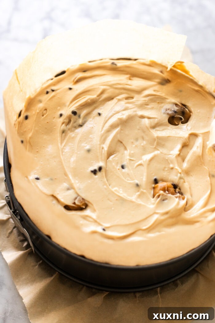 unbaked vegan peanut butter cookie dough cheesecake assembled in a springform pan