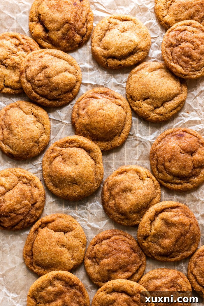 Vegan Brown Butter Pumpkin Snickerdoodle Delight 7 Golden brown baked snickerdoodle cookies on parchment paper, fresh from the oven