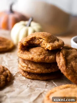 Stacked vegan pumpkin snickerdoodle cookies, a perfect autumn treat