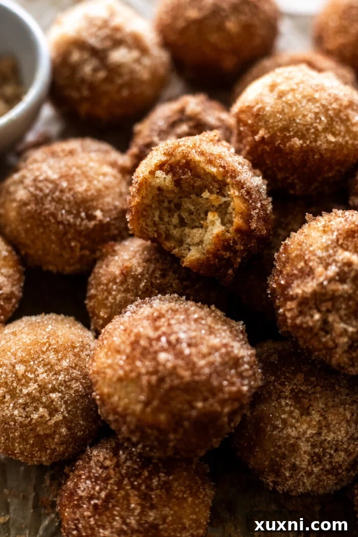 A close-up of a bitten vegan apple cider donut hole, showing the tender crumb and spice flecks.