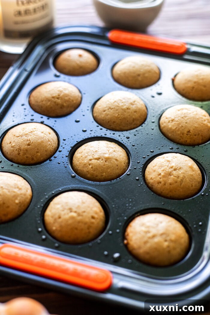 Baked donut holes fresh out of the oven, lightly golden.