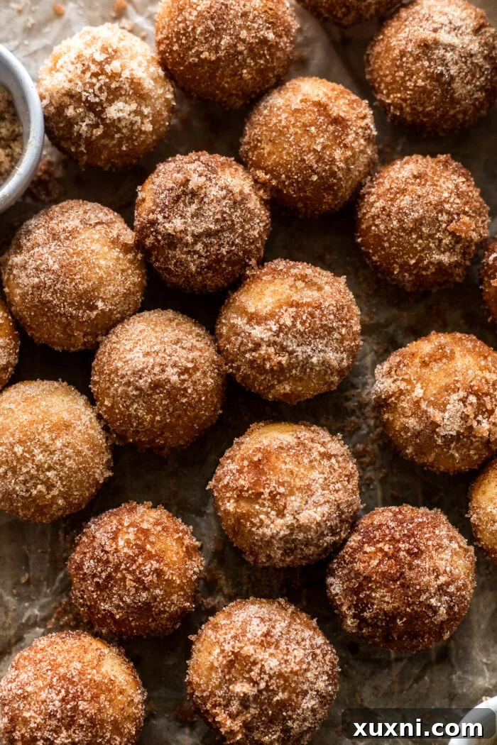 Finished cinnamon sugar coated apple cider donut holes arranged on parchment paper.
