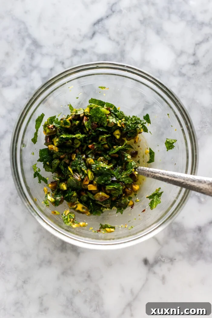 pistachio mint gremolata in a small bowl, ready to be served