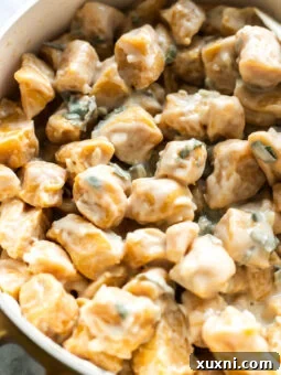 Vegan pumpkin gnocchi simmering in a sauté pan with brown butter garlic sage sauce.