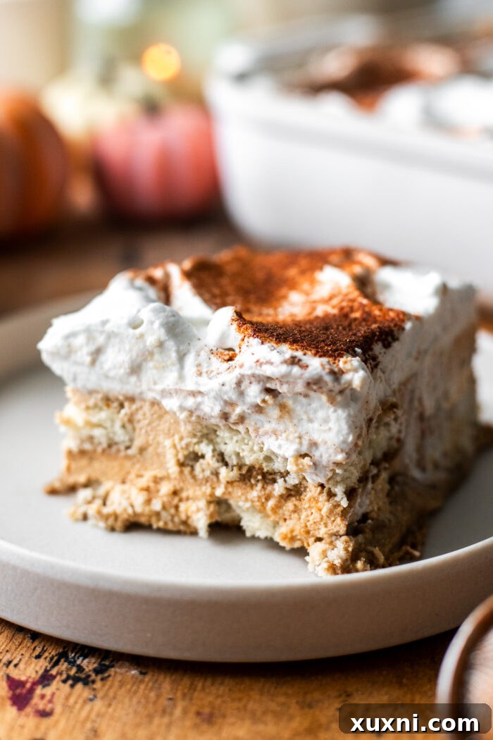 A pristine white plate featuring a generous serving of vegan pumpkin tiramisu, perfectly layered and garnished with a light dusting of pumpkin spice.