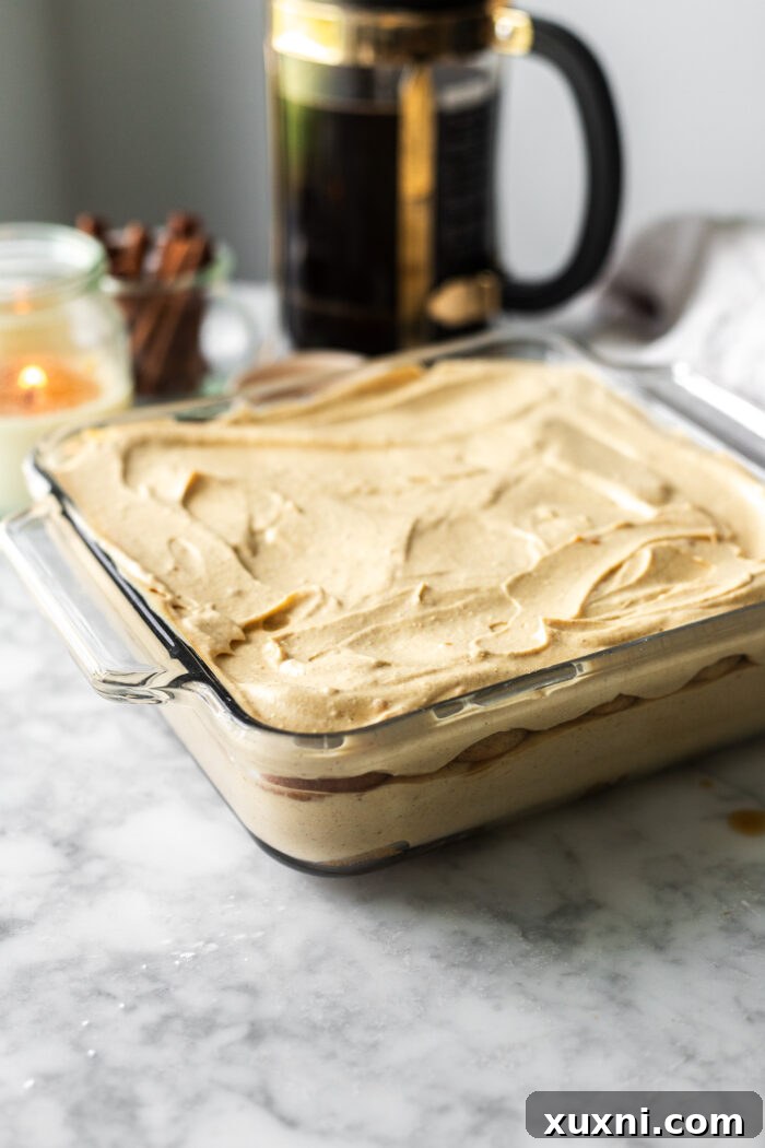 The process of smoothly spreading the pumpkin mascarpone cream evenly over a layer of espresso-soaked ladyfingers, ensuring full coverage to the edges.
