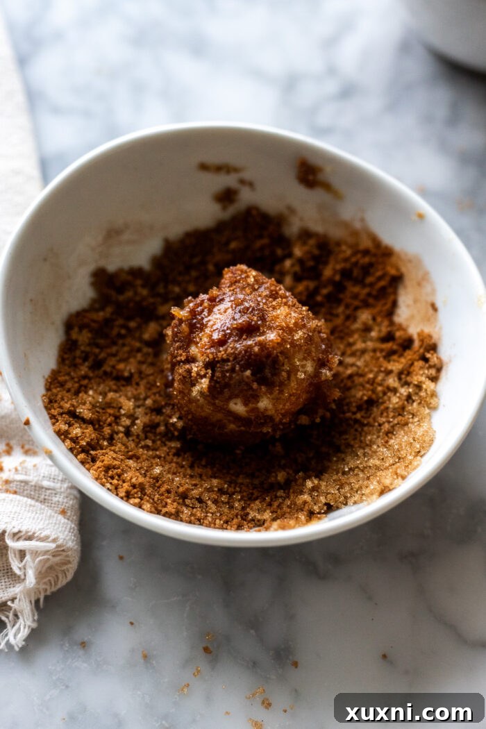 A monkey bread dough ball coated in date puree, then rolled in cinnamon sugar