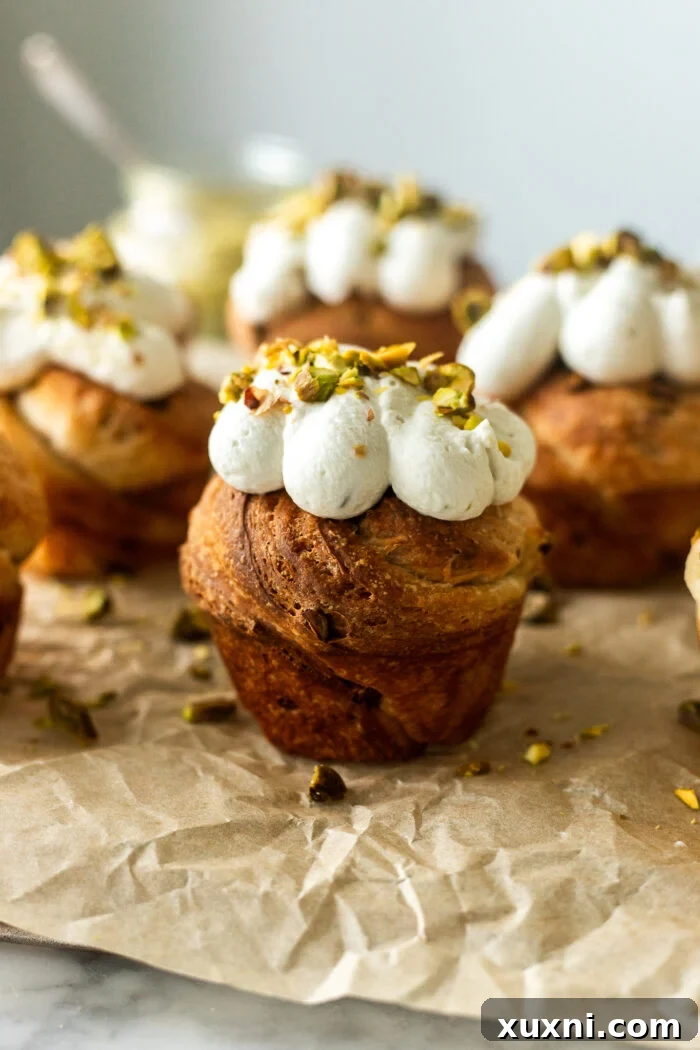 pistachio cruffins on parchment paper