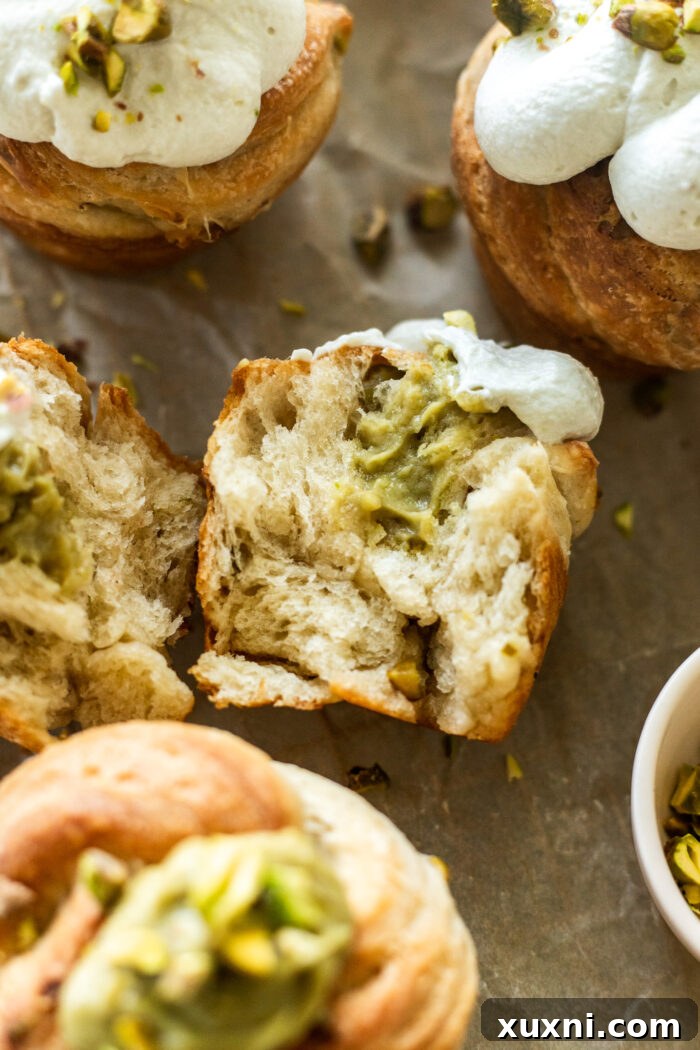 sliced open pistachio cruffin