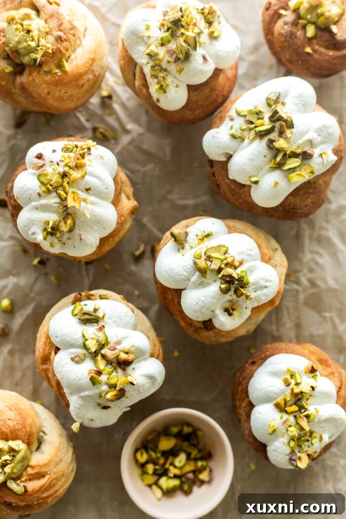 pistachio cruffins on a cooling rack