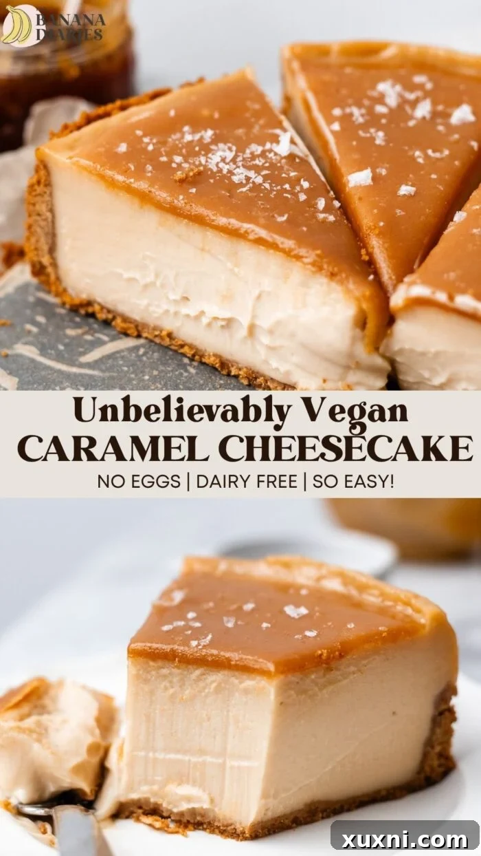 Pinterest pin for Easy Ultra Creamy Vegan Salted Caramel Cheesecake - No nuts, no coconut, no tofu!