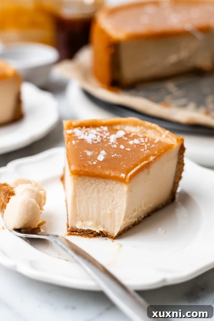 A slice of vegan caramel cheesecake with a bite taken out, highlighting its rich layers