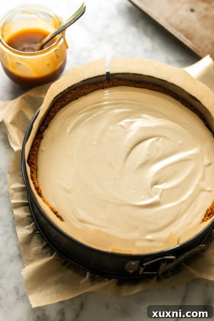 Unbaked vegan caramel cheesecake batter in a springform pan, ready for the oven
