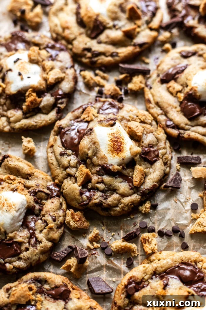 Gooey vegan s'mores cookie on parchment paper, showcasing melted marshmallow and chocolate