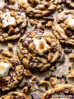 Gooey vegan s'mores cookies on parchment paper