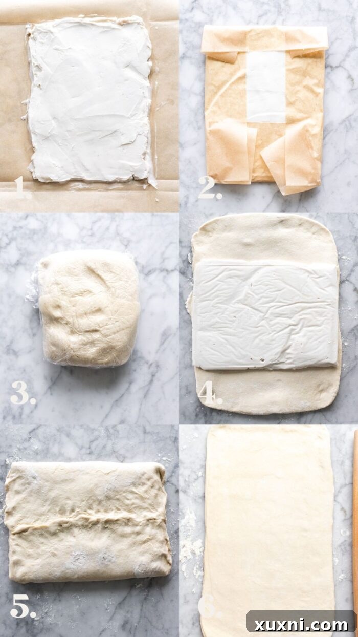 A step-by-step image showing the lamination process for vegan pain au chocolat, with the dough being folded.