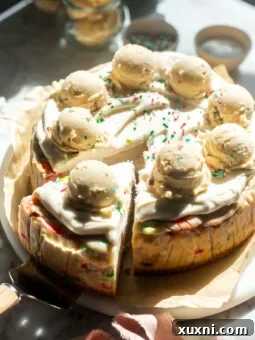 Thumbnail image of a sliced vegan sugar cookie dough cheesecake.