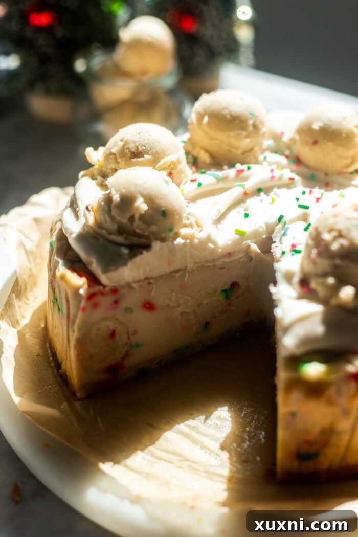 Another appetizing slice of Vegan Sugar Cookie Dough Cheesecake, showcasing its vibrant sprinkles and layered structure.