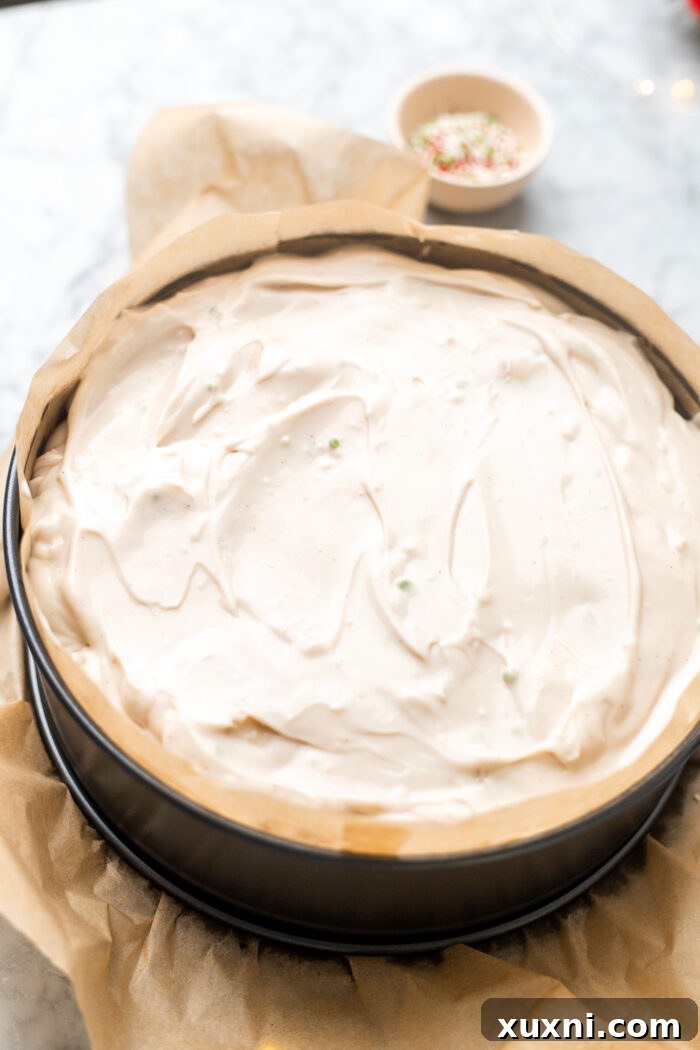 Assembled vegan sugar cookie dough cheesecake before baking, with layers of batter and cookie dough.