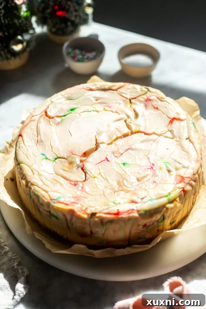 Baked vegan sugar cookie dough cheesecake, golden brown on top.