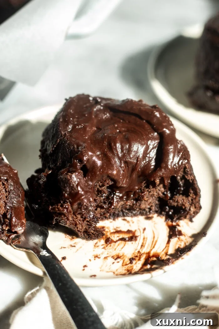 Close-up of a single vegan double chocolate cinnamon roll on a plate, showcasing its gooey texture and chocolate frosting.